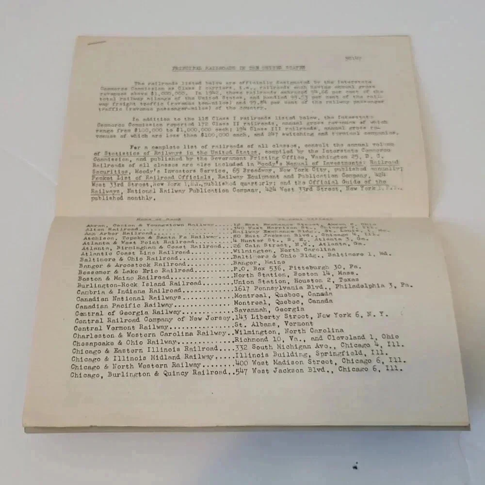 1944 List of Principal Railroads in the United States with Home Address Vintage